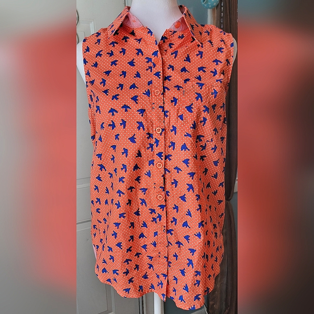 Ezra Sleeveless‎ Button Down Womens M Vibrant Red-Orange Blue Bird Print Cotton